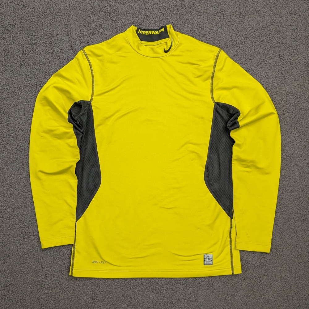 Nike Pro Combat Hyperwarm Dri-Fit Mock Neck Shirt Mens Large Yellow Grey 435345